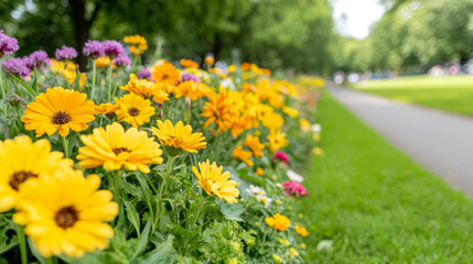 Beautiful yellow flowers are creating a vibrant display in a public park garden, adding a touch of color and nature to the urban landscape