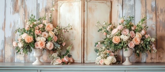 Fototapeta premium Shabby chic interior featuring elegant rose bouquets and vintage screen perfect for rustic wedding decor and romantic event styling