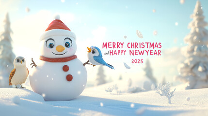 Cheerful snowman and bird with merry Christmas in winter wonderland.