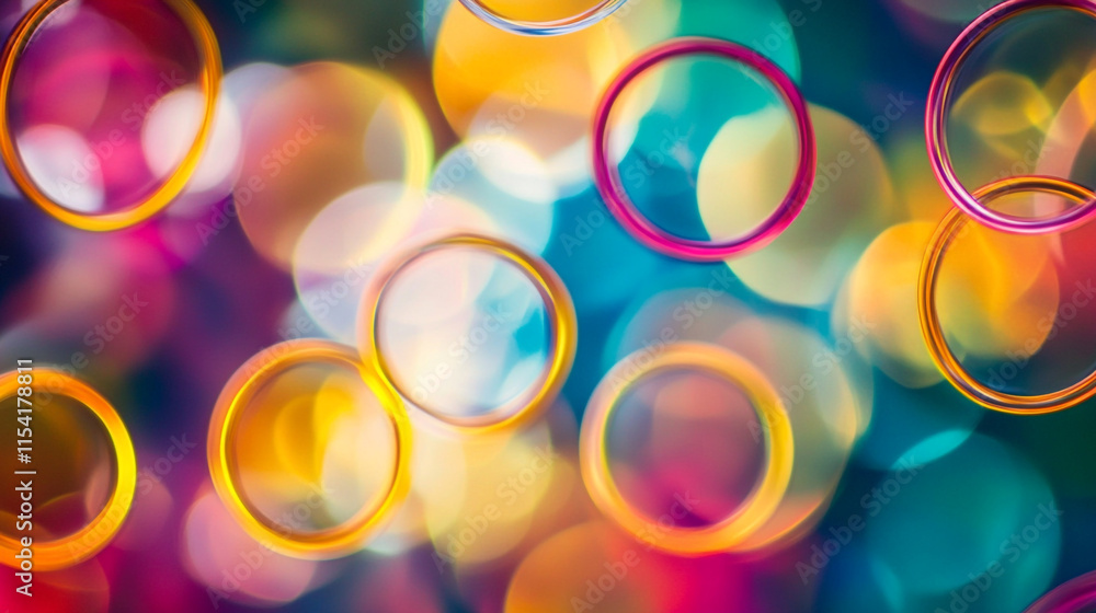 Poster colorful rings with blurred bokeh effect create a vibrant backdrop.
