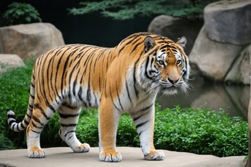 Fototapeta premium there is a tiger that is standing on a rock in the grass