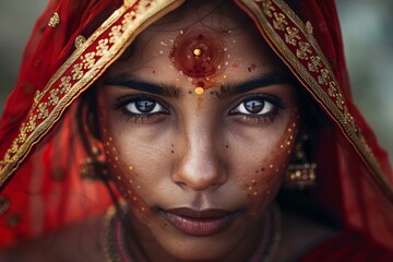 Portrait of a young indian woman with traditional makeup and red veil