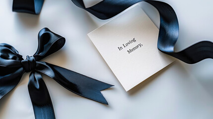 Black ribbon and memorial card for condolence