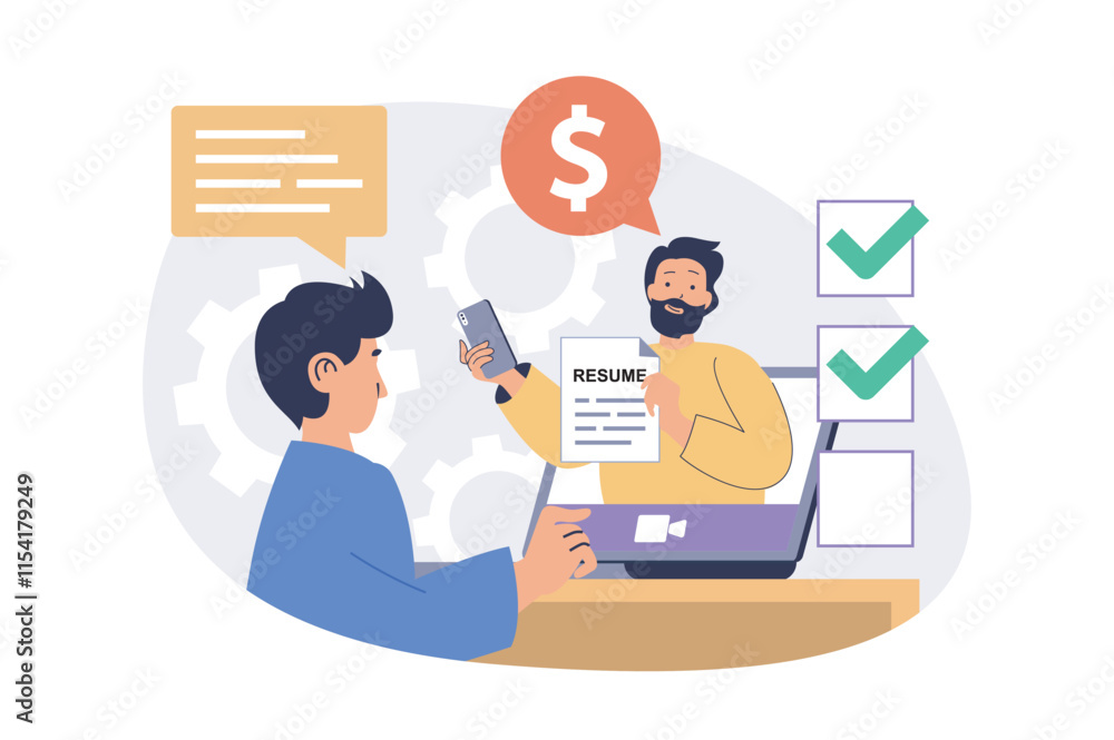 Poster online job interview web concept with flat cartoon people for website design. man presenting his res
