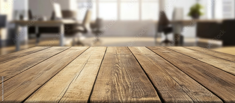 Poster rustic wooden table surface in a blurred office environment ideal for workspace presentations and cr