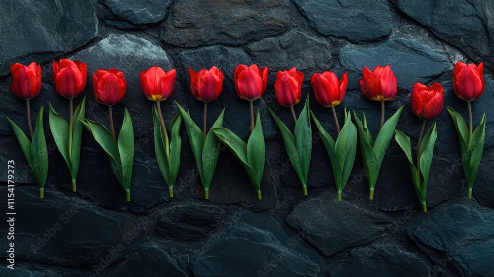 Poster row of vibrant red tulips arranged on a dark textured stone surface creating an elegant flat lay com