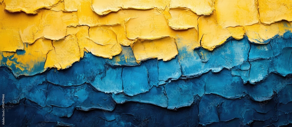 Poster textured layers of blue and yellow paint with peeling edges creating a rustic background perfect for