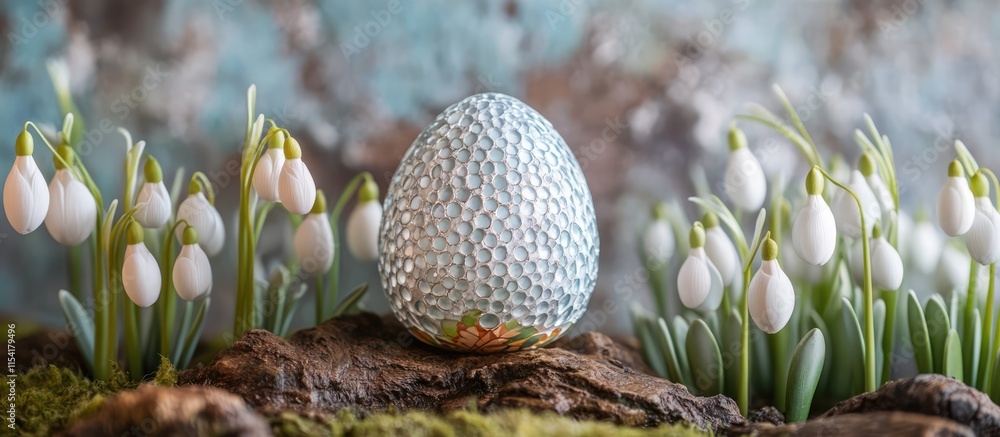 Poster sequin easter egg surrounded by snowdrops against a textured ceramic backdrop in a spring setting