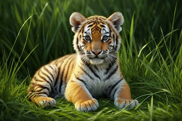 there is a tiger cub that is laying in the grass
