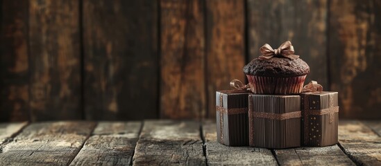Naklejka premium Festive backdrop with gift boxes and chocolate muffin on rustic wooden boards for anniversary celebrations and special occasions