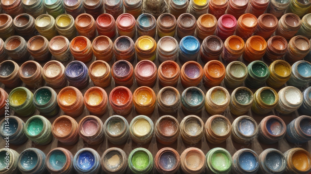 Poster vibrant array of tiny paint pots arranged in two rows showcasing a spectrum of colors for artistic i