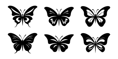 Black butterflies set. Can be used as icon, sign or symbol - butterfly silhouette. Vector illustrations isolated on white background. Simple black butterfly logo, logotype.
