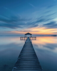 Serene lake sunrise with wooden pier and boathouse