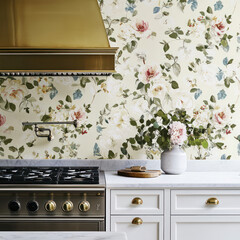 stylish kitchen featuring floral wallpaper, modern stove, and elegant decor. warm tones and intricate patterns create welcoming atmosphere