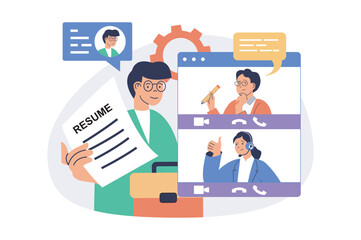 Online job interview web concept with flat cartoon people for website design. Man presents his resume, talking HR agency team by video calls, finding new job remotely in company. Vector illustration.