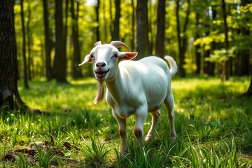 Fototapeta premium there is a goat that is standing in the grass in the woods