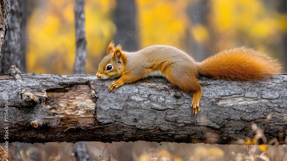 Aufkleber cute red squirrel climbing down a rustic tree trunk in a vibrant autumn forest setting with colorful