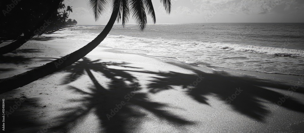 Poster serene black and white beach scene with palm tree shadows creating intricate patterns on the soft sa