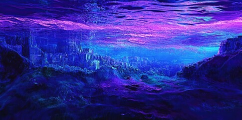Naklejka premium Submerged Cityscape A Neon Dreamlike Underwater Ruin