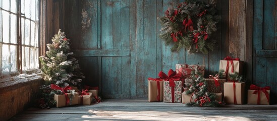 Rustic holiday setting with Christmas gifts and decorations showcasing a cozy festive atmosphere and seasonal spirit