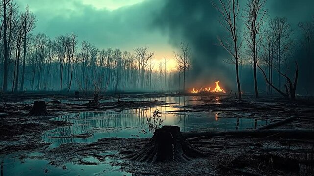 A devastated forest with charred stumps and rising smoke shows the aftermath of a wildfire. Concept of environmental destruction and the consequences of deforestation.