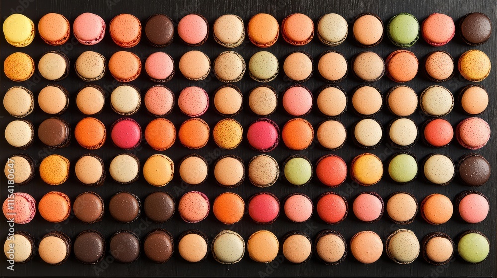 Poster assorted colorful macaroon cookies neatly arranged in rows on a black surface showcasing a delightfu