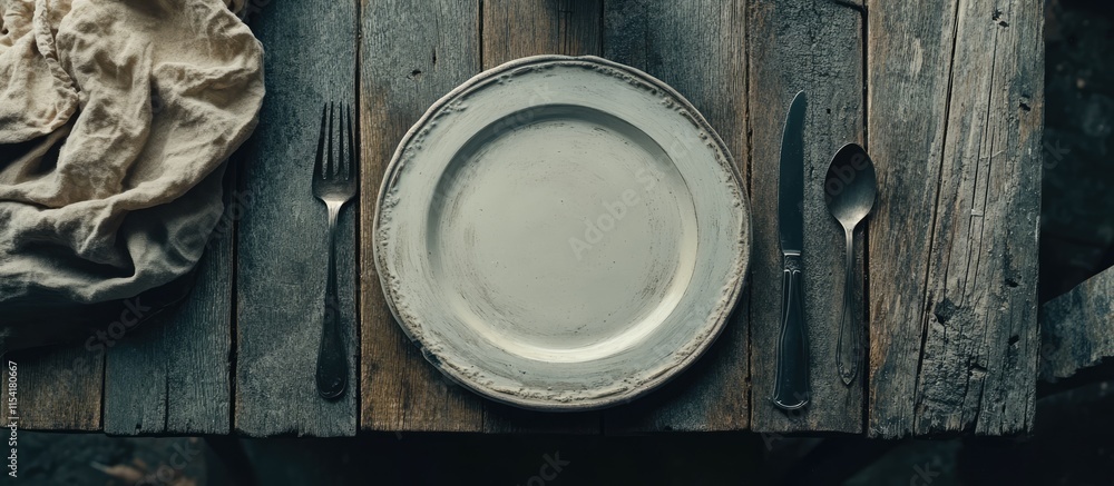 Poster elegant rustic table setting with empty plate cutlery and napkin on wooden planks overhead view show