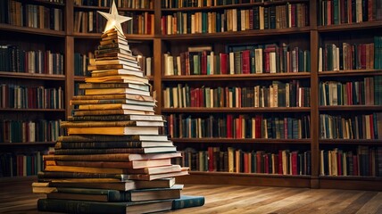 Obraz premium Christmas tree made of books in a macro shot, creative decor for New Year and Christmas, an unusual gift for book lovers.