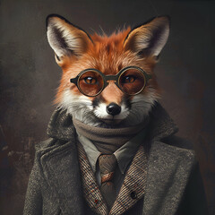 A Sophisticated Fox in a Vintage Suit and Glasses