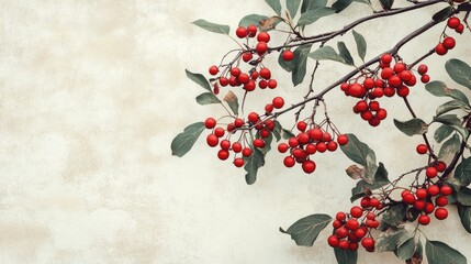 Fototapeta premium Rowan branch featuring vibrant red berries against a soft textured background highlighting green leaves
