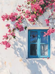 Blue Window with Pink Flowers
