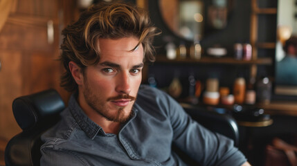 Man Portrait In Interior (Inside). Face, Hair, Skin, Casual, He is Young, Millennial (20, 25, 30, 35 years old), Handsome and Model. 