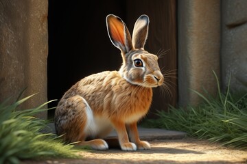 Fototapeta premium there is a rabbit sitting in the grass outside of a building