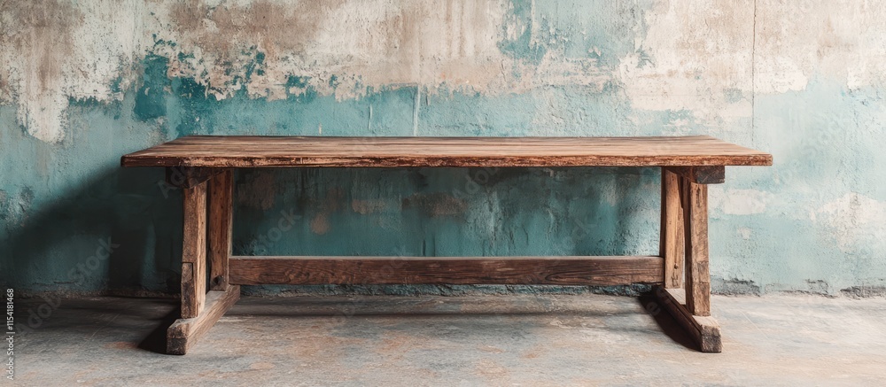 Poster rustic wooden table on a weathered vintage wall ideal for displaying text or images in a charming, a