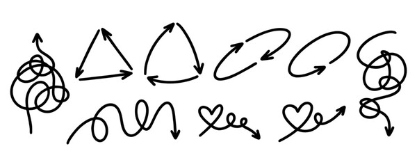 Isolated unraveling lines. Tangled arrows, simple triangular oval and heart arrow. Untangling lines with arrow - continuous flowing thread that twists and turns. Tangled disorder turns into order line