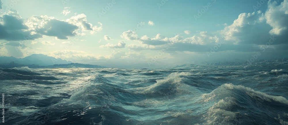 Poster serene ocean waves undulating under a breeze with a cloudy sky and distant mountains in a tranquil s