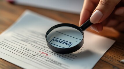 A close-up of a person's hand holding a magnifying glass over a document marked 'classified'