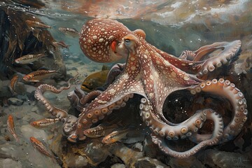 an octopus is laying in the seaweed