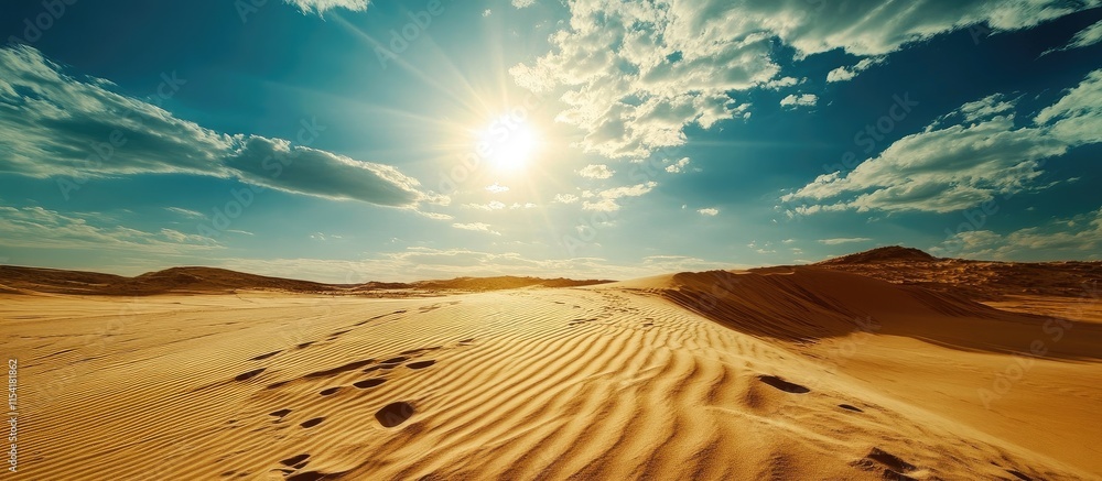 Poster serene sandy desert landscape illuminated by the sun with dynamic cloud formations creating a tranqu