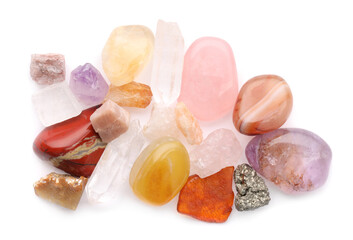 Pile of different natural mineral stones isolated on white, top view