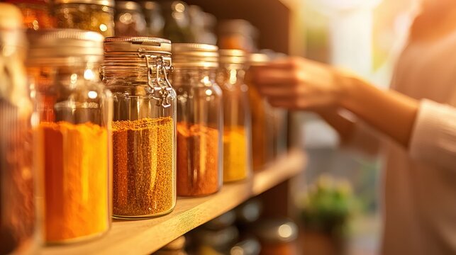 A close-up of a woman organizing a spice rack in a neatly arranged pantry
