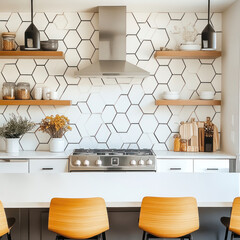 Modern kitchen with hexagon tile backsplash, stainless steel range, and wooden shelves. design features clean aesthetic with warm tones and stylish decor