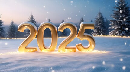 snowfalling on golden digits of 2025