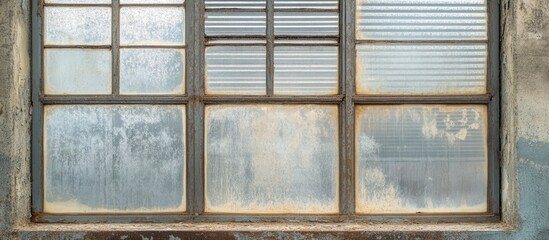 Rustic interior of vintage louver glass windows with dust showcasing aged architecture and historical charm in an old building setting.