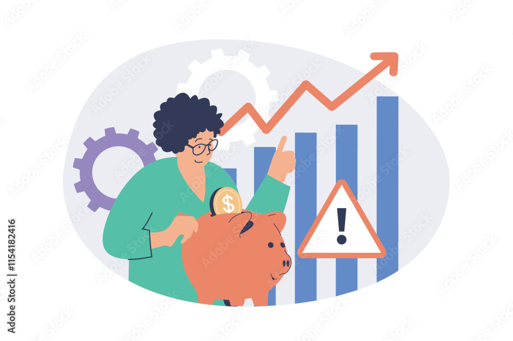 Poster saving money web concept with flat cartoon people for website design. woman collecting coins in pigg
