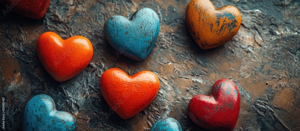 Poster colorful toy hearts arranged on a textured surface creating a vibrant visual display from an aerial 