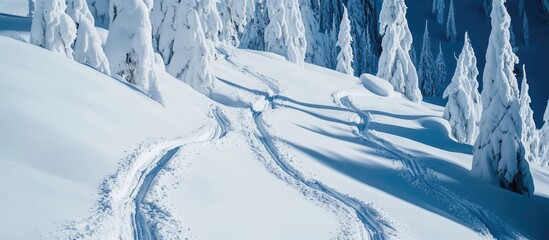 Snow-covered forest landscape with winding snowmobile tracks creating patterns in fresh snow among tall snow-laden trees.