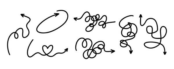 Untangling lines with arrow - continuous flowing thread that twists and turns. Tangled disorder turns into order line. Isolated unraveling lines. Set tangled arrows, simple double oval and heart arrow