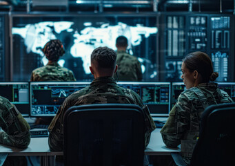 Fototapeta premium Military personnel monitoring data in a high-tech operations center