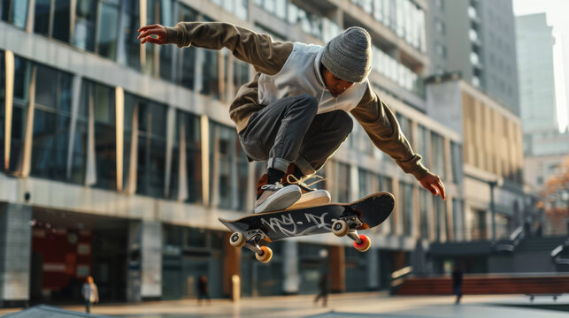 Skateboarder in action performing an ollie in a city plaza
